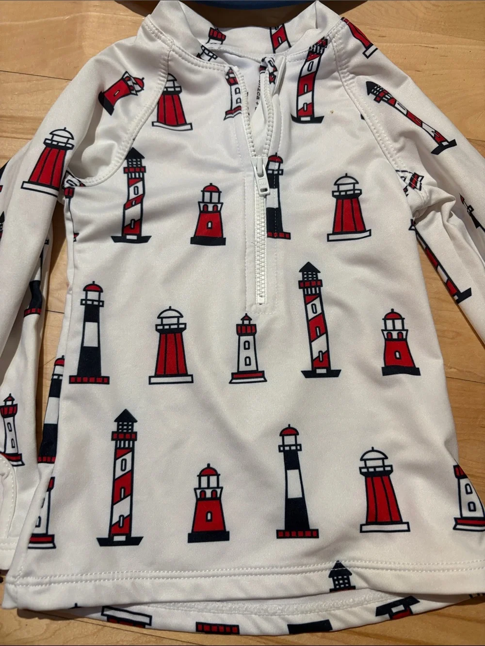 Monica and Andy 12m  White Rash Guard Red & Black Lighthouse Print rufflebutt ha